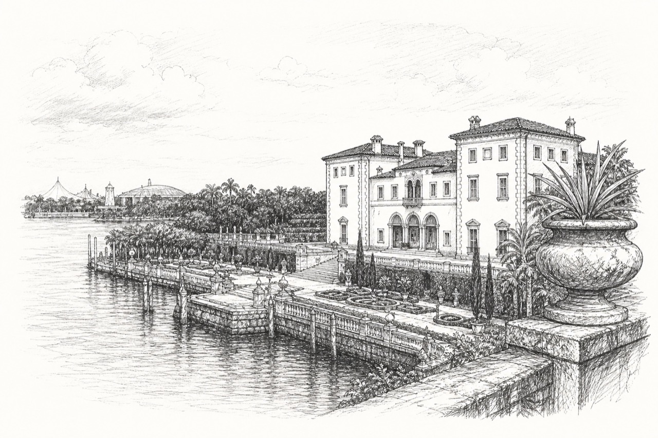 Hand-drawn pencil travel sketch for Miami, United States