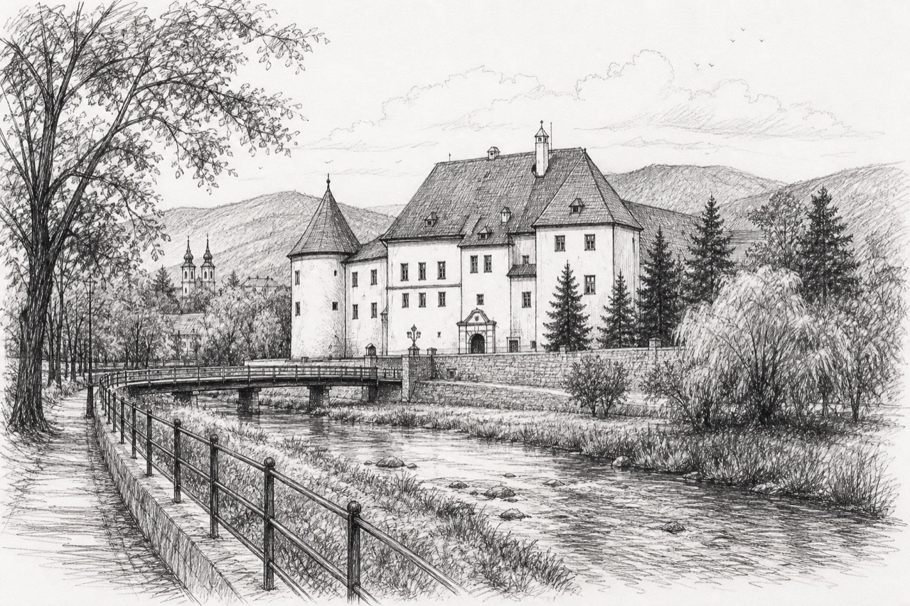 Hand-drawn pencil travel sketch for Miercurea Ciuc, Romania