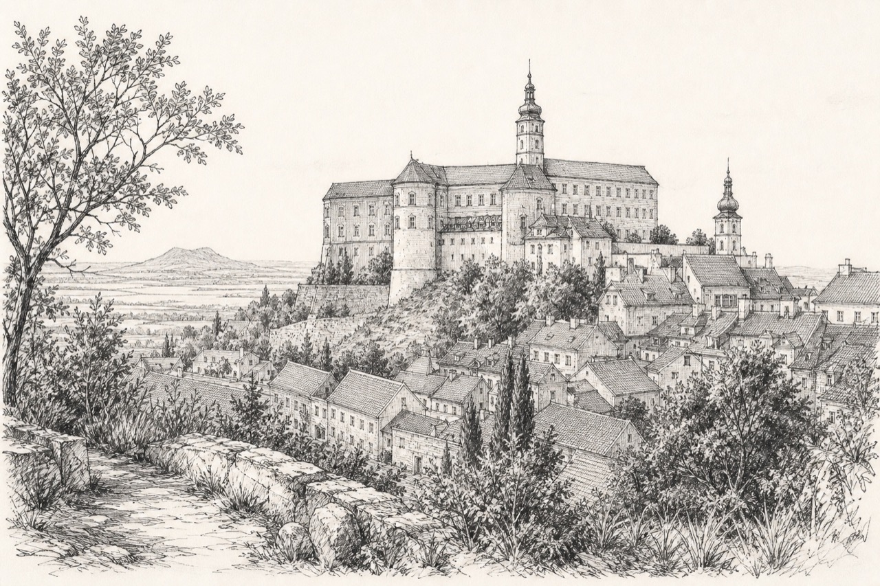 Hand-drawn pencil travel sketch for Mikulov, Czech Republic