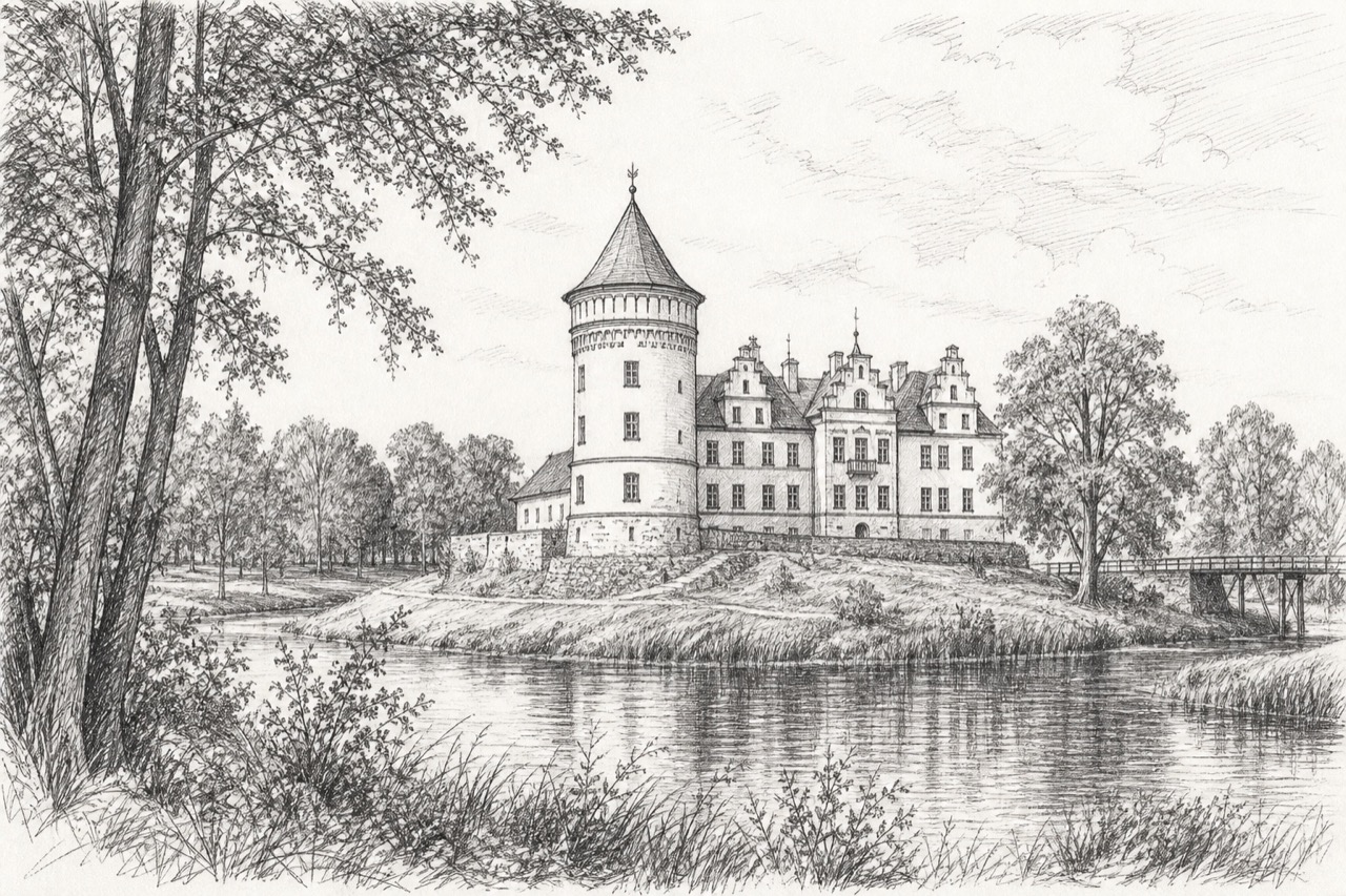 Hand-drawn pencil travel sketch for Milzkalne, Latvia