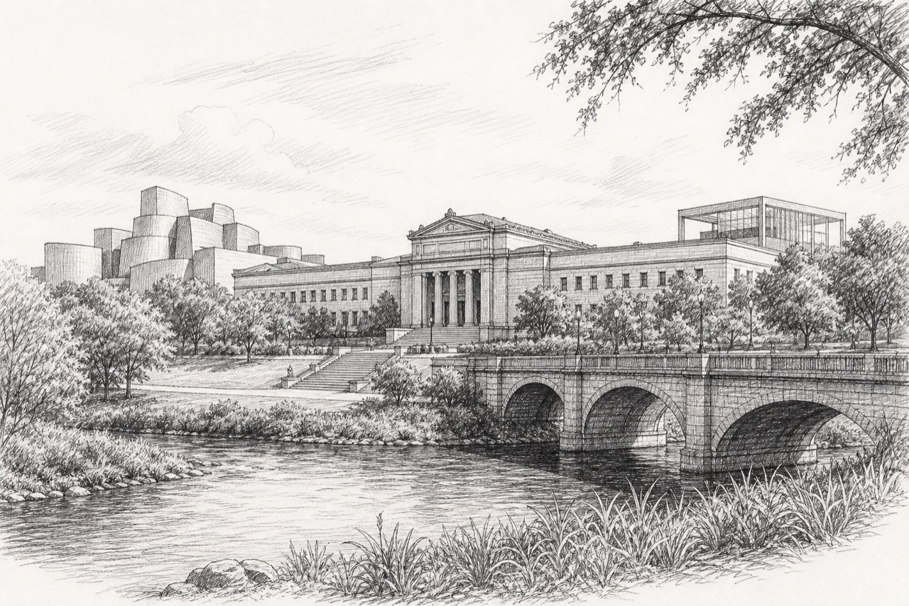 Hand-drawn pencil travel sketch for Minneapolis, United States