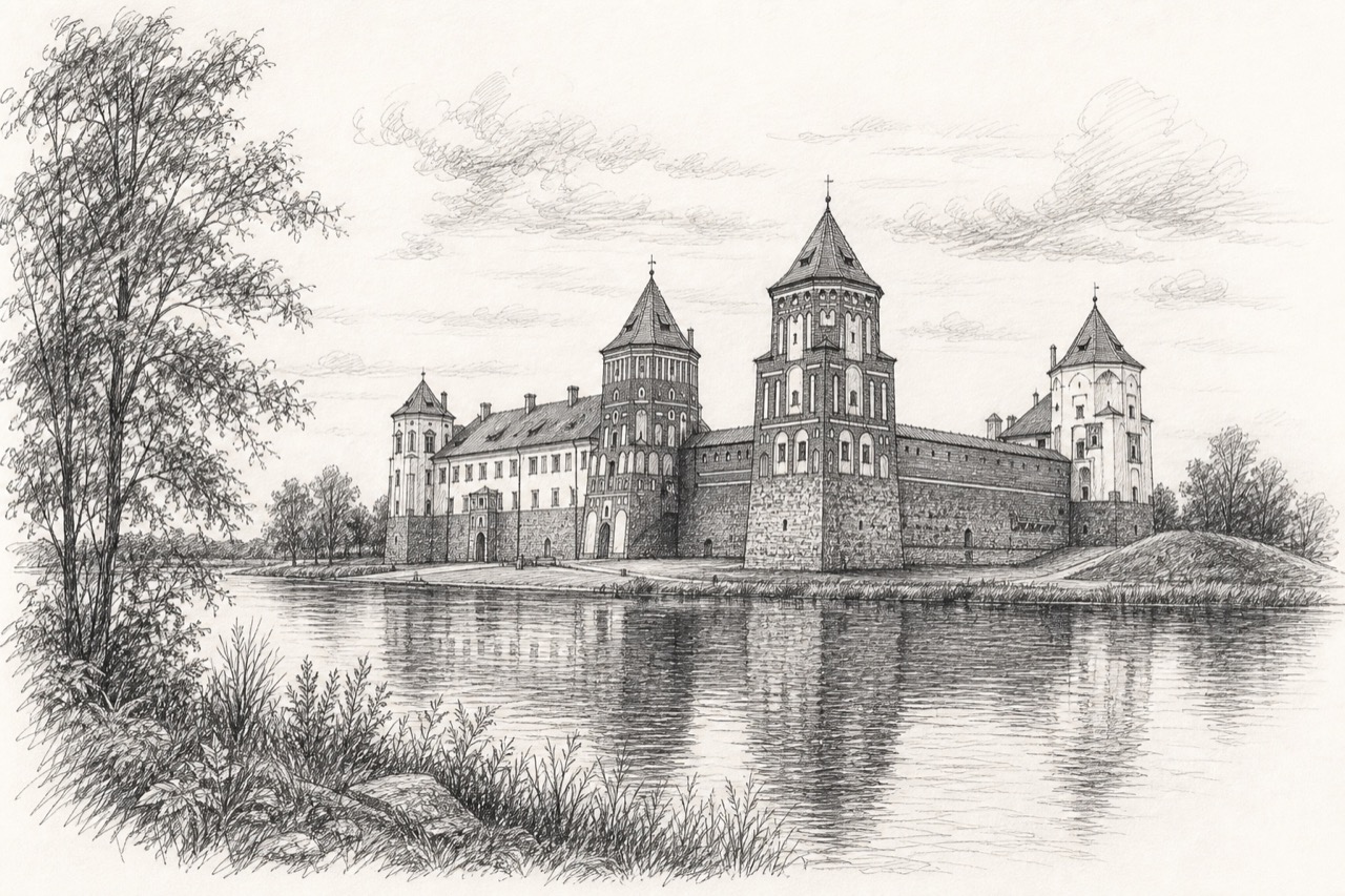 Hand-drawn pencil travel sketch for Mir, Belarus