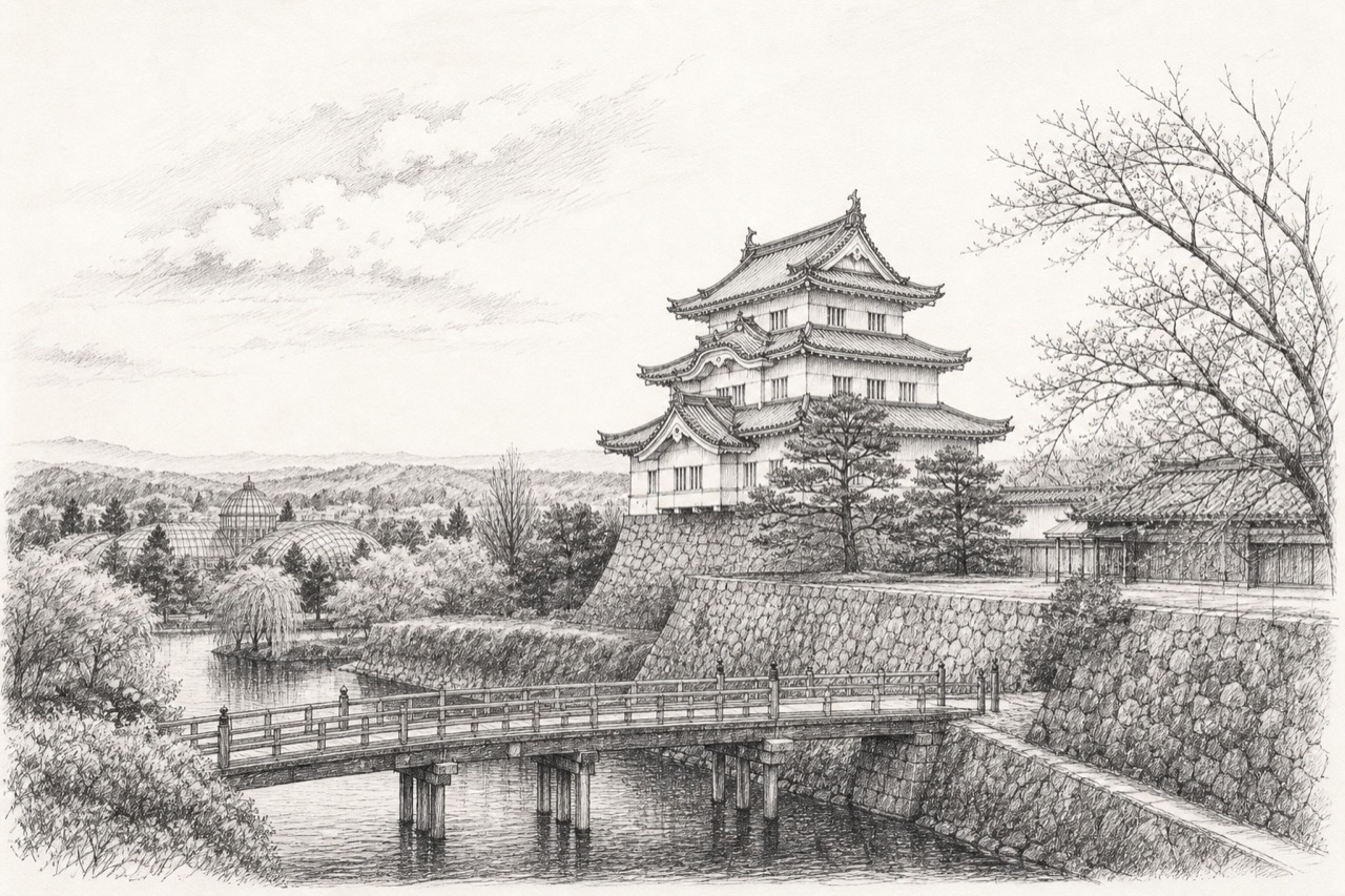 Hand-drawn pencil travel sketch for Mito, Japan
