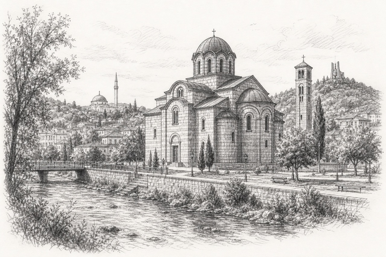 Hand-drawn pencil travel sketch for Mitrovica, Kosovo