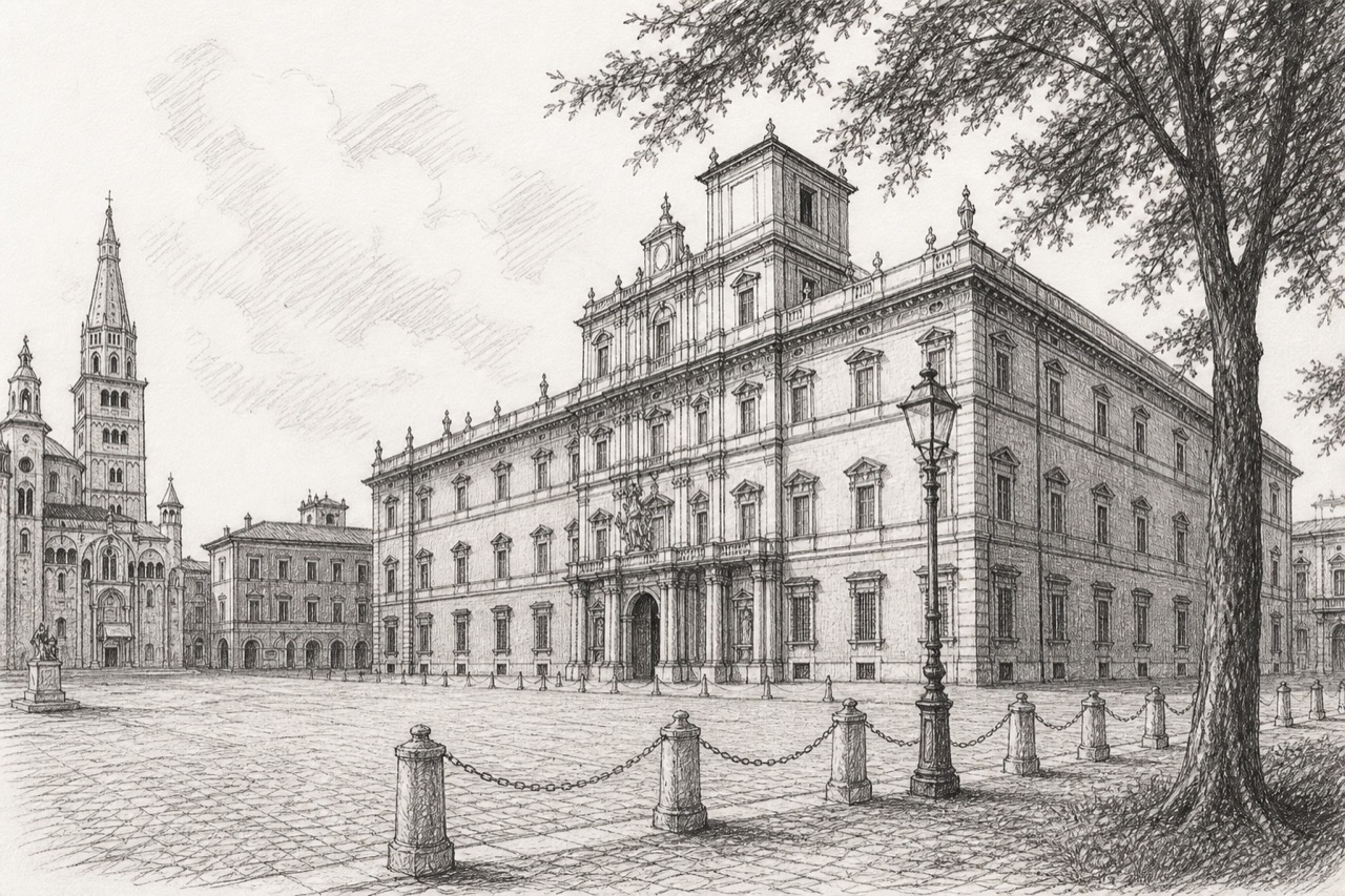 Hand-drawn pencil travel sketch for Modena, Italy