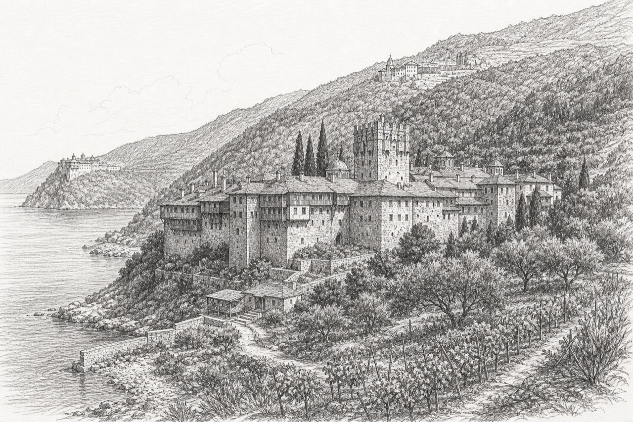 Hand-drawn pencil travel sketch for monastic community of Mount Athos, Greece