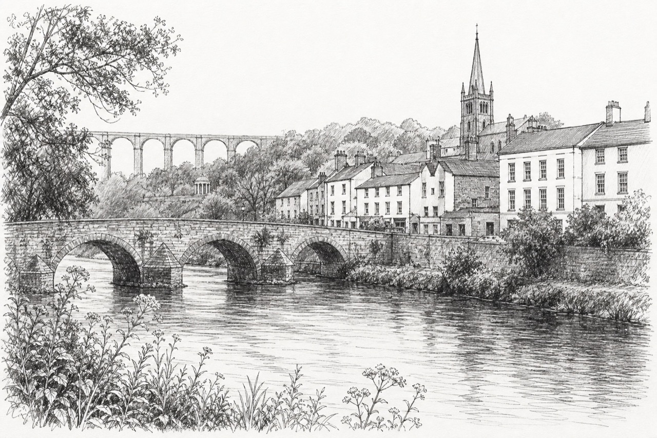 Hand-drawn pencil travel sketch for Monmouth, United Kingdom