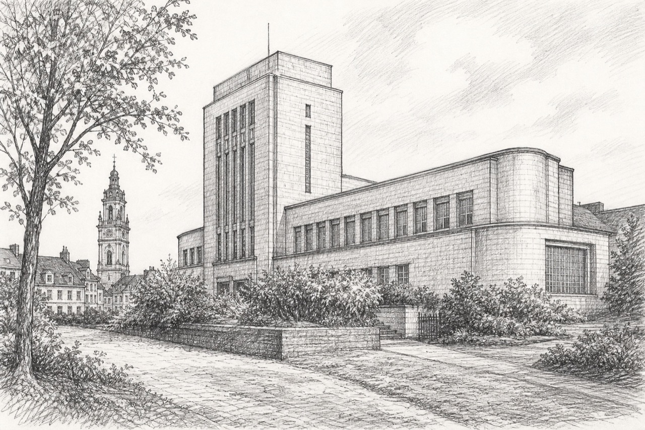 Hand-drawn pencil travel sketch for Mons, Belgium