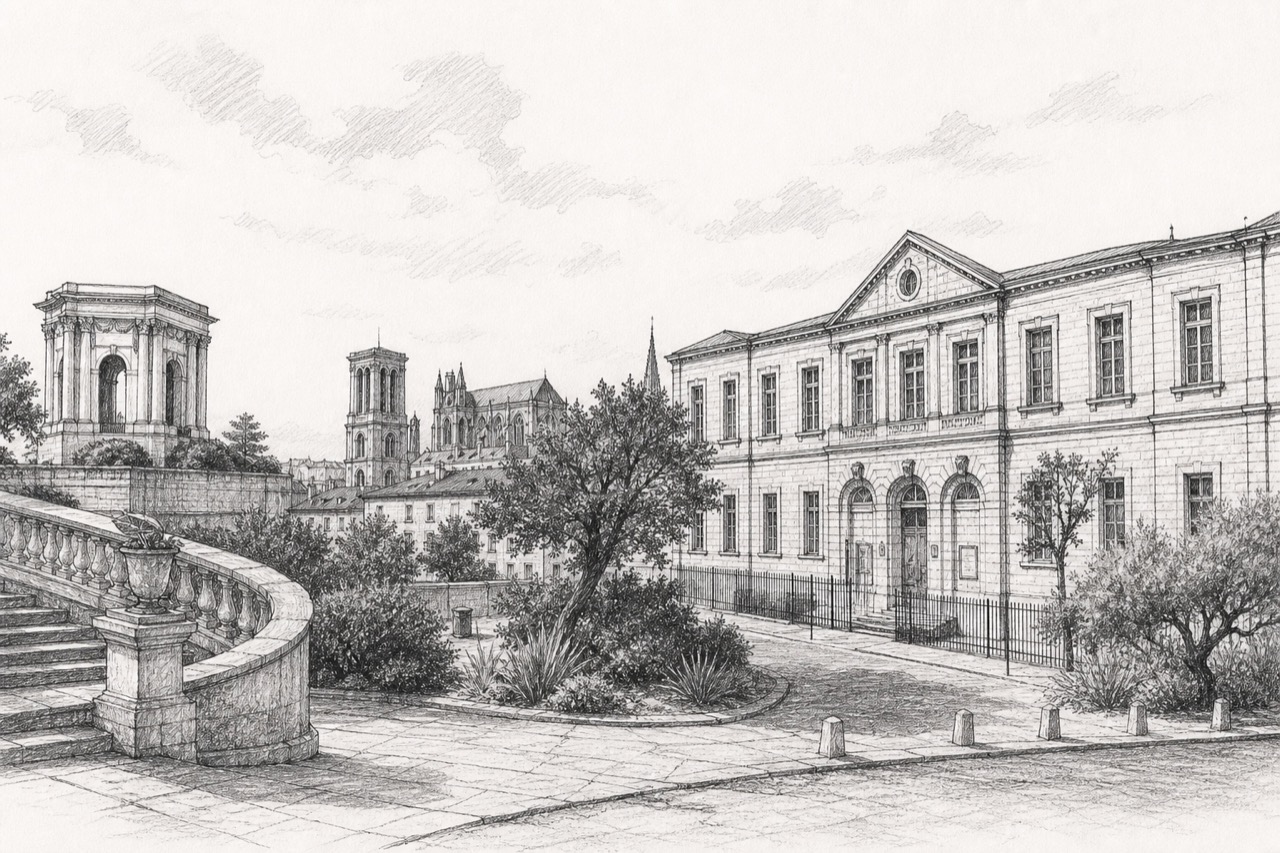 Hand-drawn pencil travel sketch for Montpellier, France