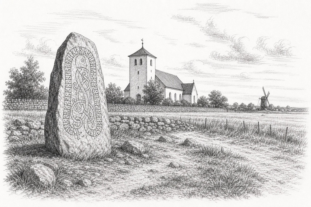 Hand-drawn pencil travel sketch for Mörbylånga, Sweden