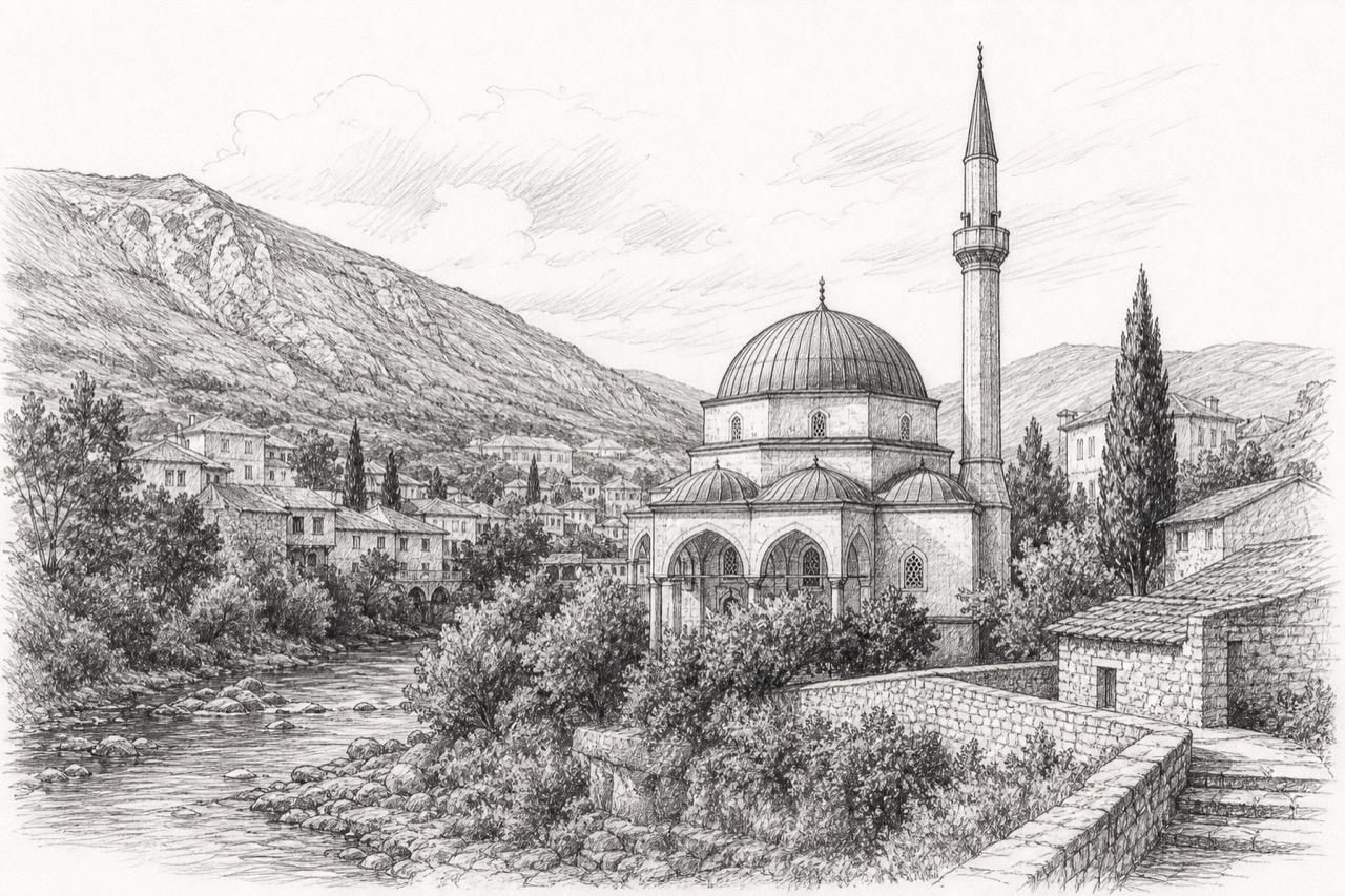 Hand-drawn pencil travel sketch for Mostar, Bosnia and Herzegovina
