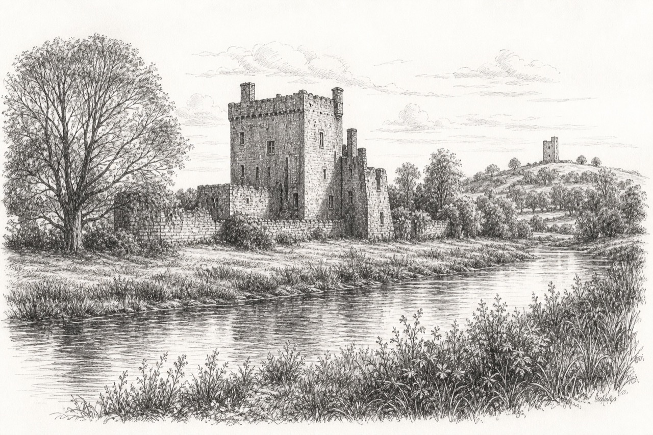 Hand-drawn pencil travel sketch for Muine Bheag, Ireland