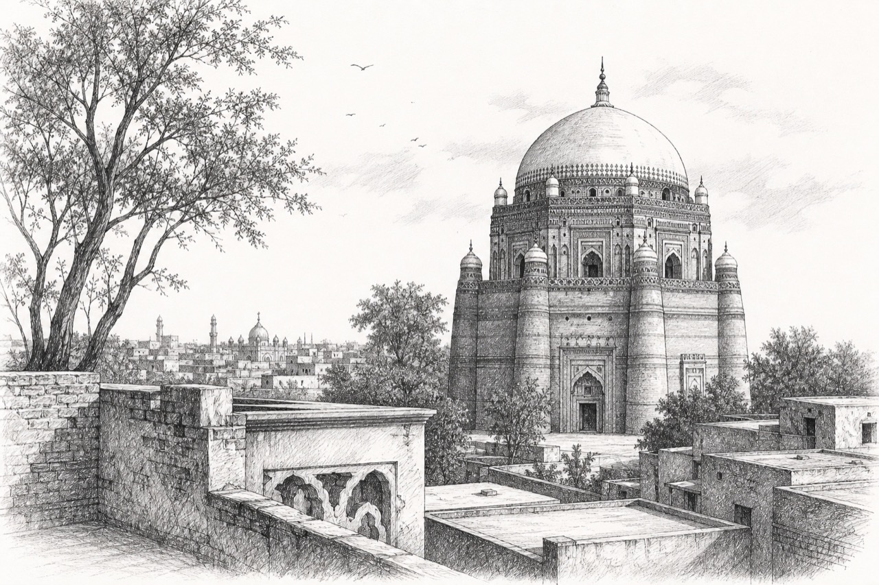 Hand-drawn pencil travel sketch for Multan, Pakistan
