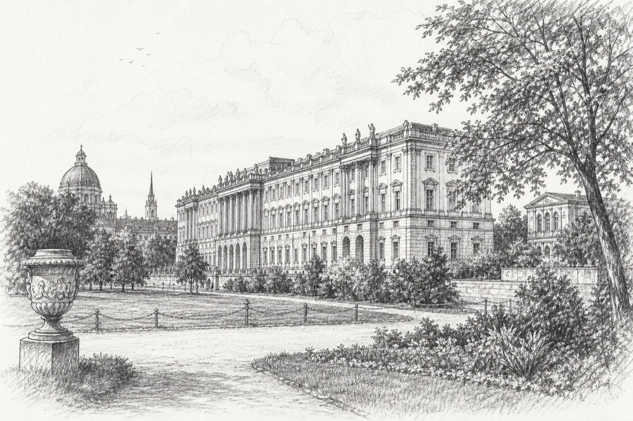 Hand-drawn pencil travel sketch for Munich, Germany