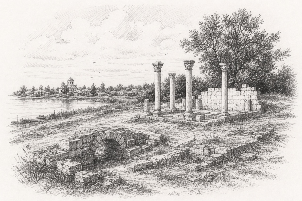 Hand-drawn pencil travel sketch for Murighiol, Romania