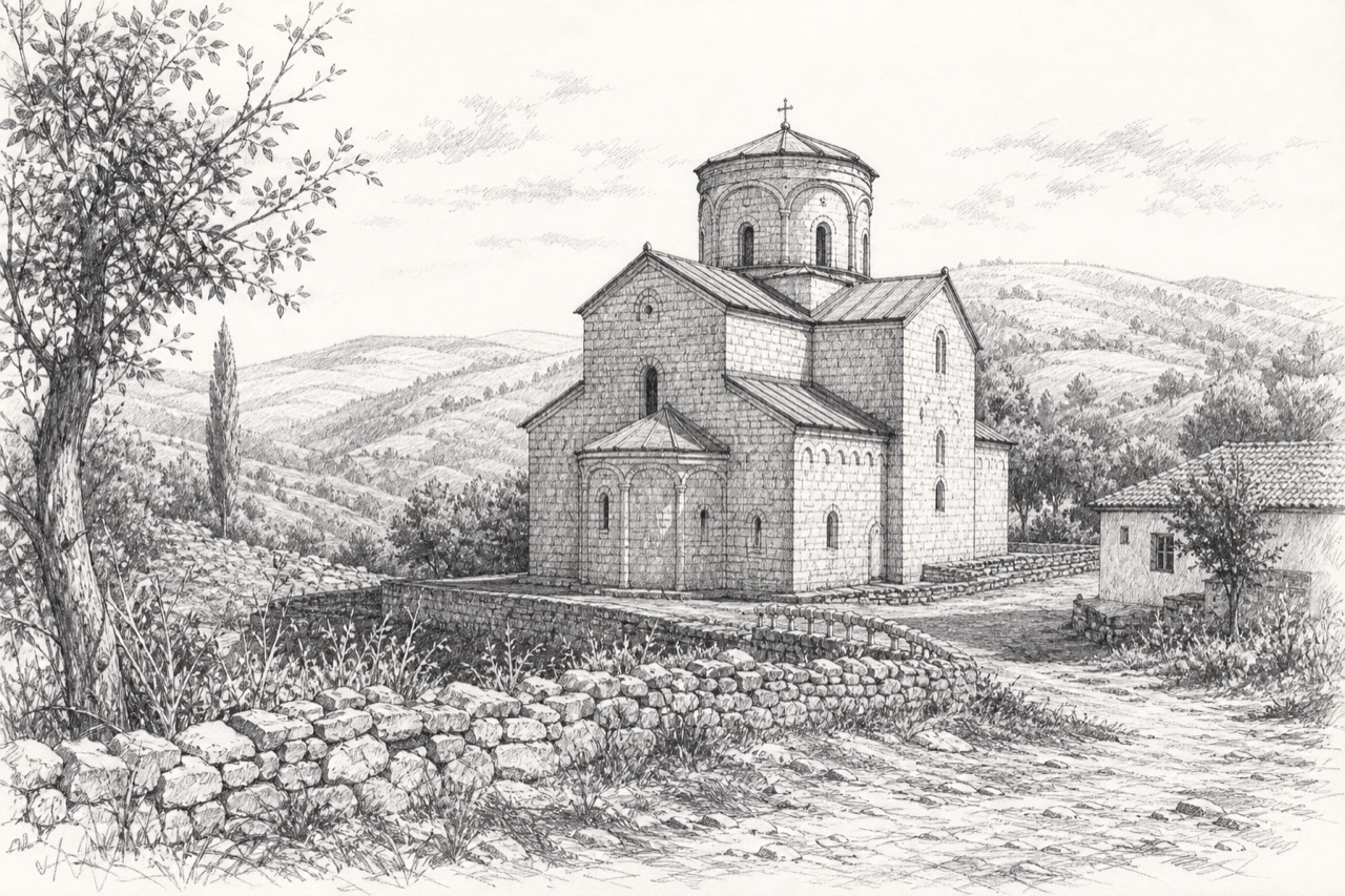 Hand-drawn pencil travel sketch for Mushtisht, Kosovo