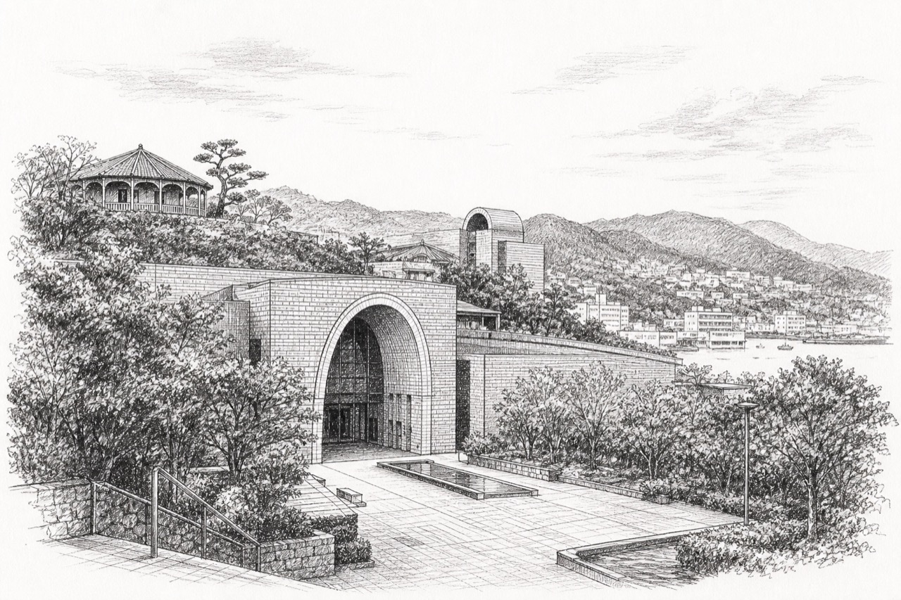 Hand-drawn pencil travel sketch for Nagasaki, Japan