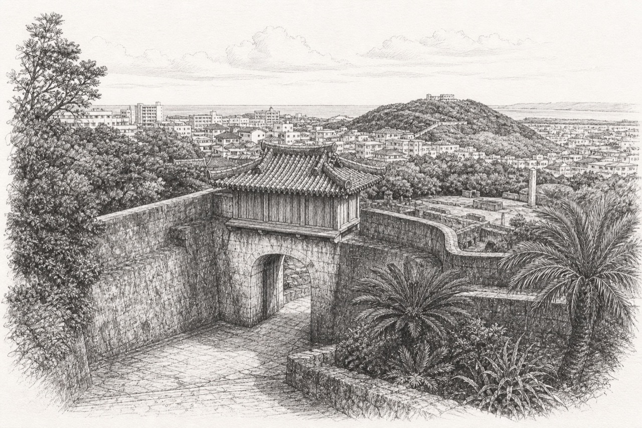 Hand-drawn pencil travel sketch for Naha, Japan