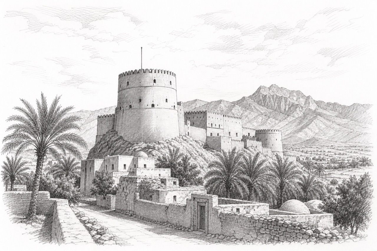 Hand-drawn pencil travel sketch for Nakhal, Oman