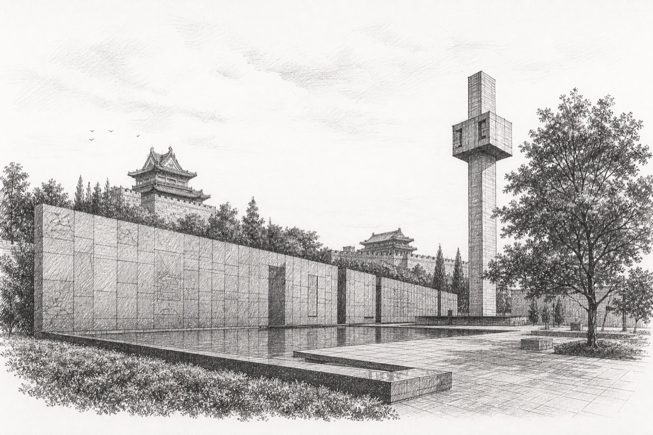 Hand-drawn pencil travel sketch for Nanjing, People's Republic of China