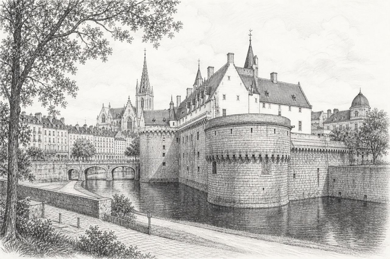 Hand-drawn pencil travel sketch for Nantes, France