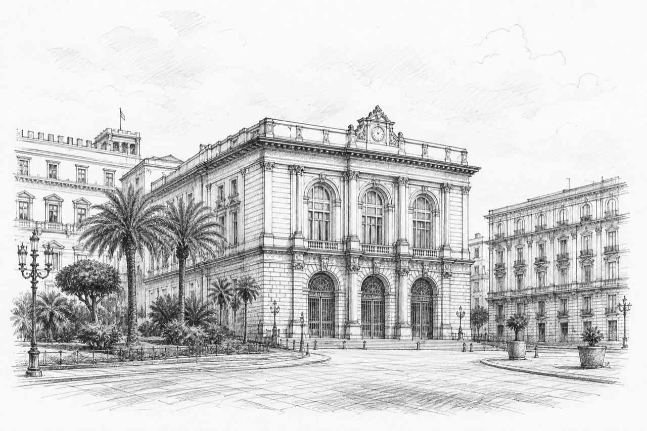 Hand-drawn pencil travel sketch for Naples, Italy