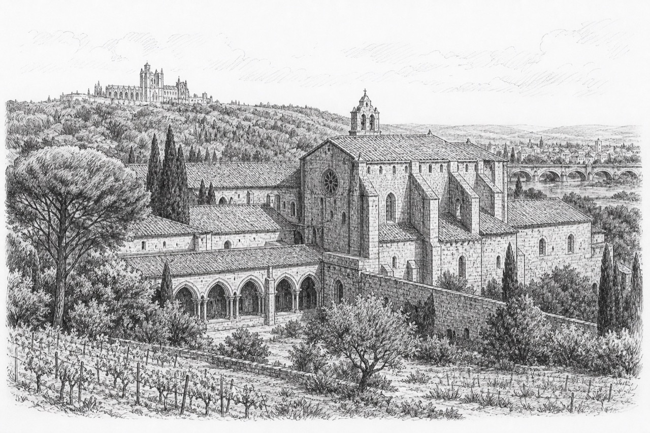 Hand-drawn pencil travel sketch for Narbonne, France