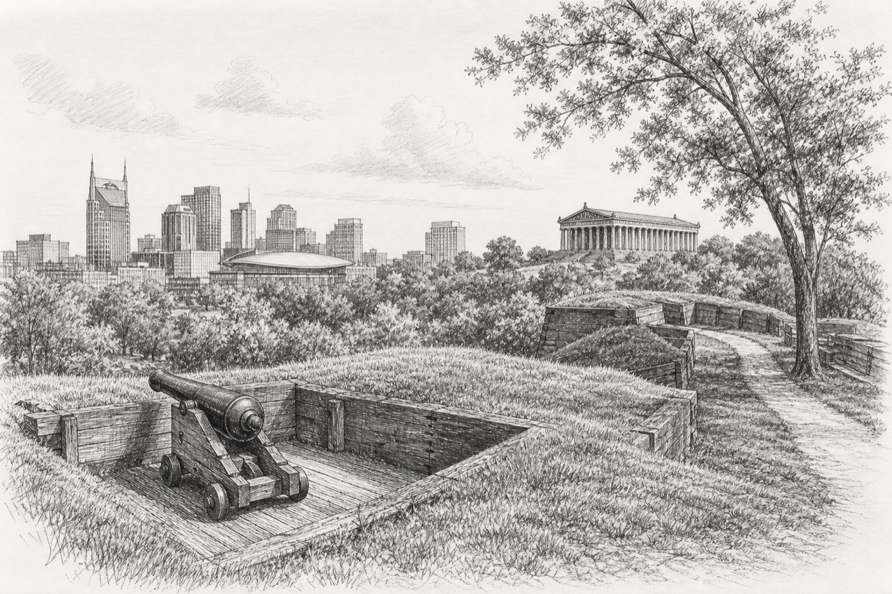 Hand-drawn pencil travel sketch for Nashville, United States