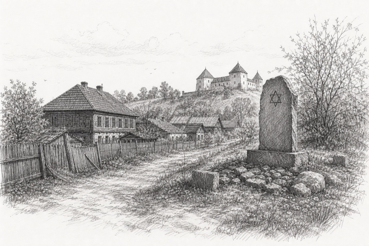 Hand-drawn pencil travel sketch for Navahrudak, Belarus