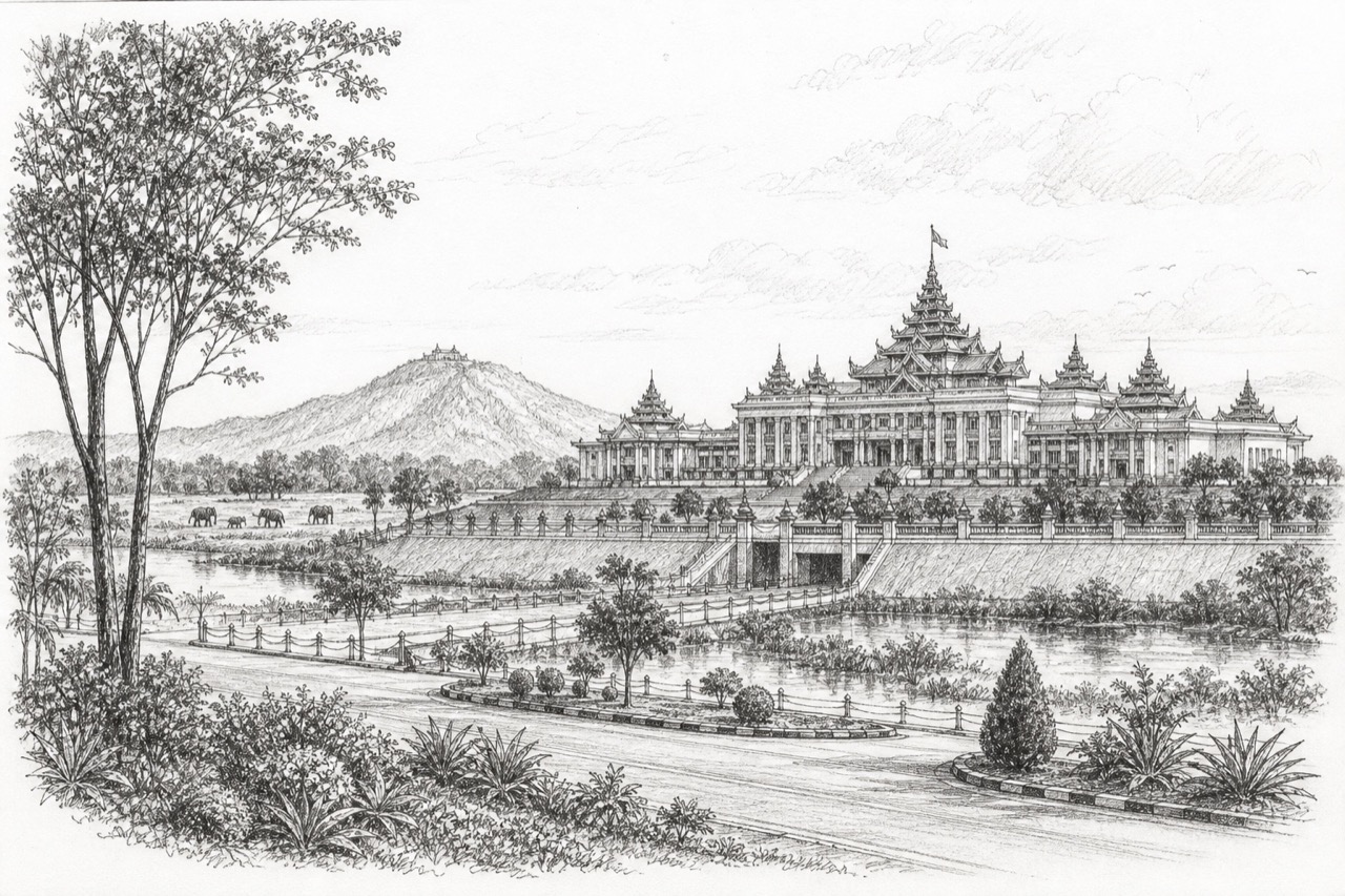 Hand-drawn pencil travel sketch for Naypyidaw, Myanmar
