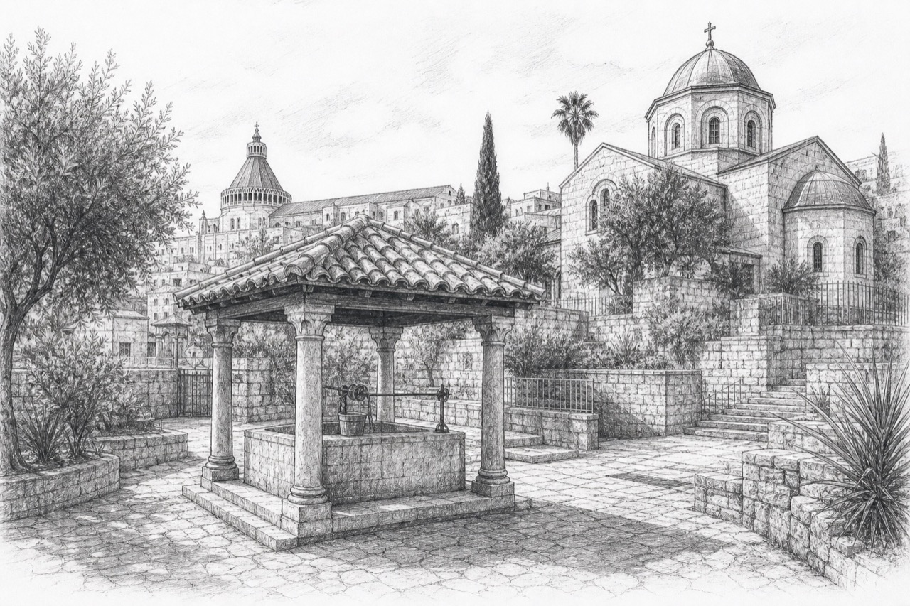 Hand-drawn pencil travel sketch for Nazareth, Israel