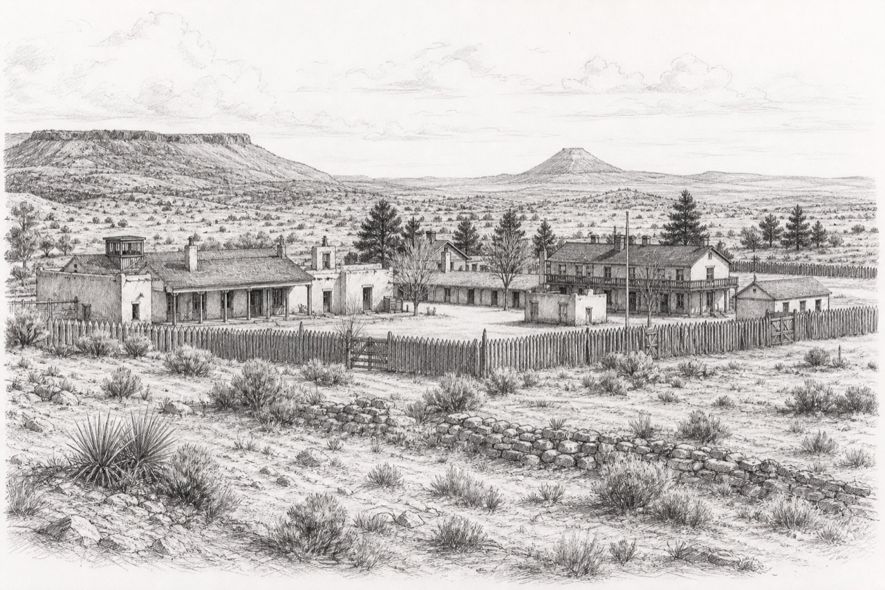 Hand-drawn pencil travel sketch for New Mexico, United States