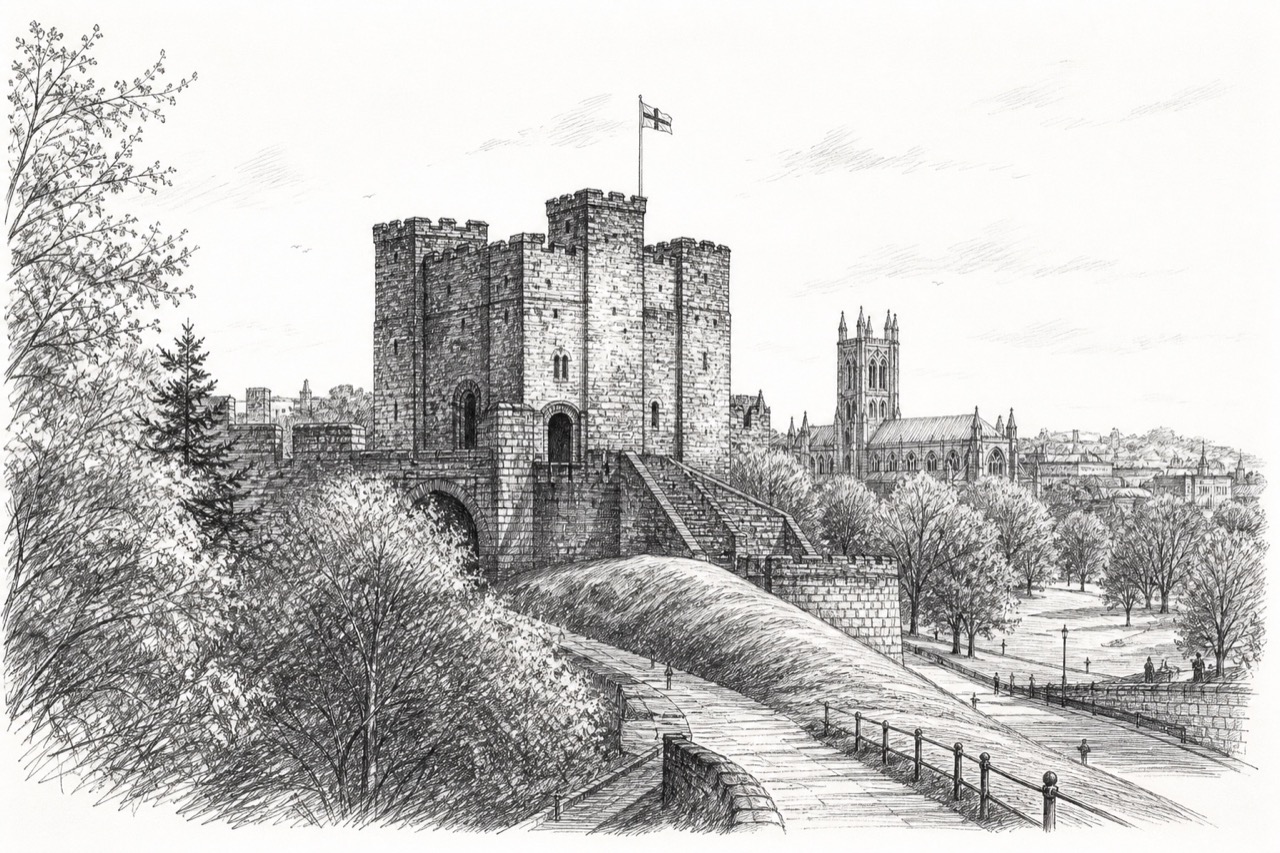 Hand-drawn pencil travel sketch for Newcastle upon Tyne, United Kingdom