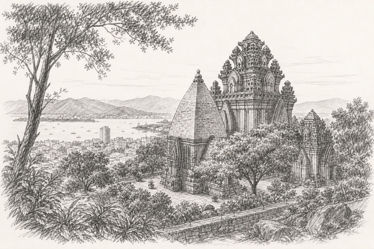 Hand-drawn pencil travel sketch for Nha Trang, Vietnam