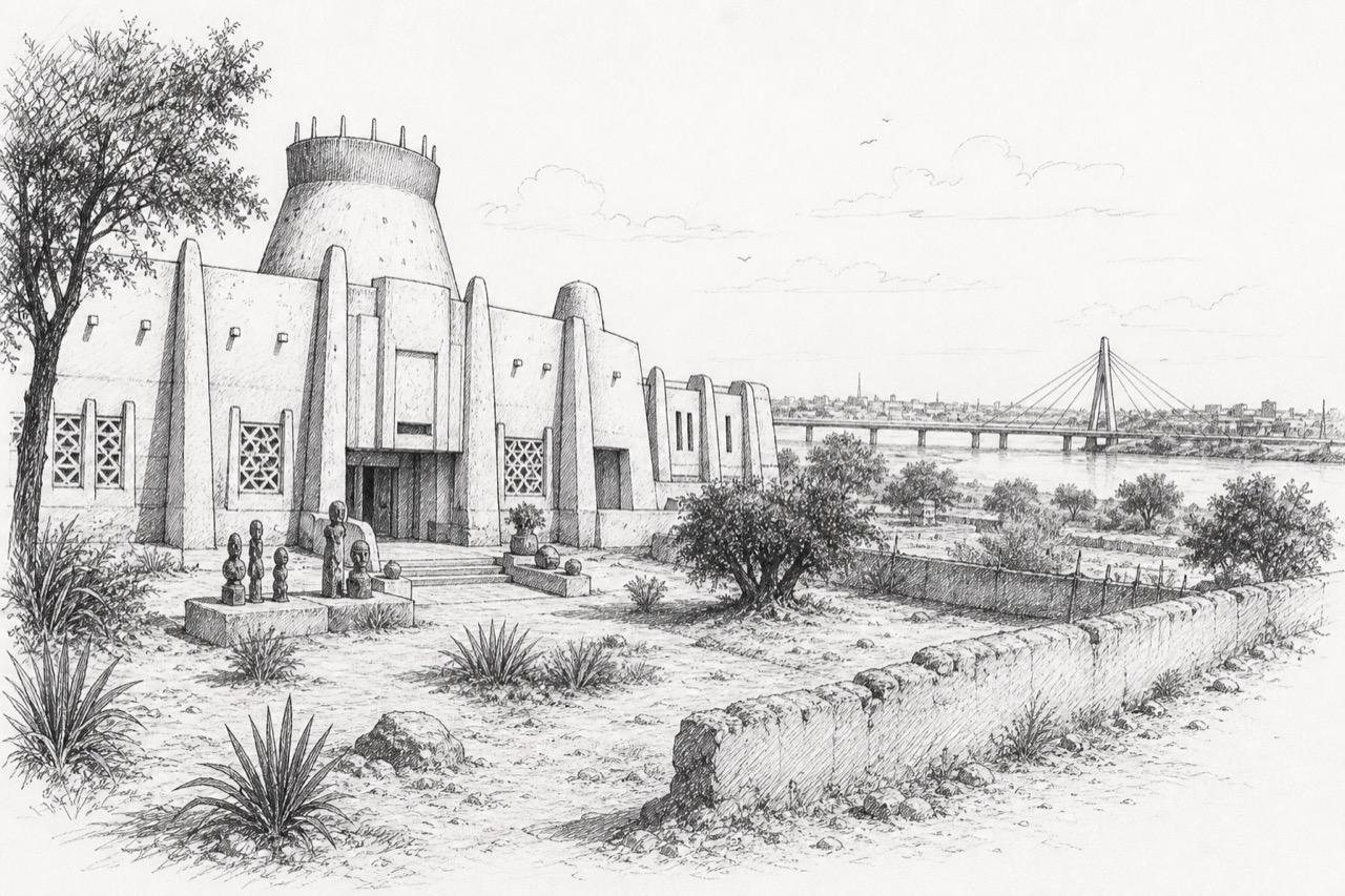 Hand-drawn pencil travel sketch for Niamey, Niger