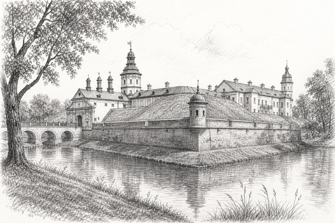 Hand-drawn pencil travel sketch for Niasviž, Belarus
