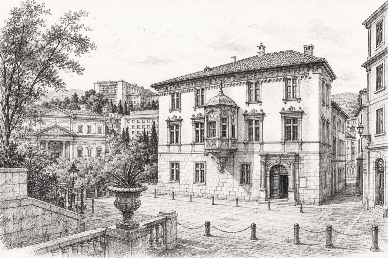 Hand-drawn pencil travel sketch for Nice, France