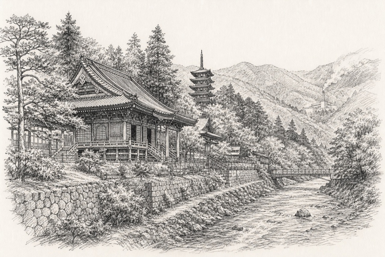 Hand-drawn pencil travel sketch for Nikkō-shi, Japan