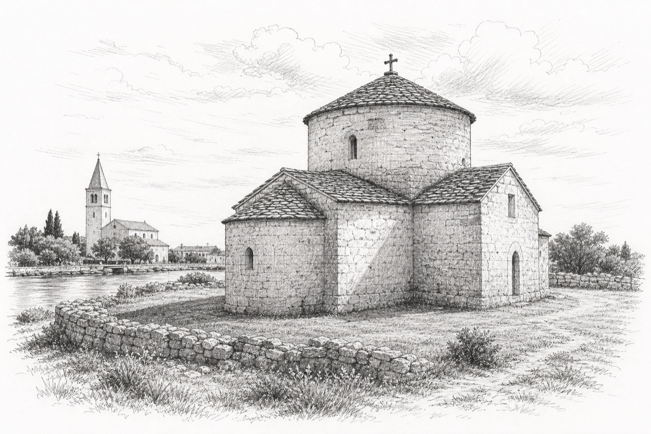Hand-drawn pencil travel sketch for Nin, Croatia