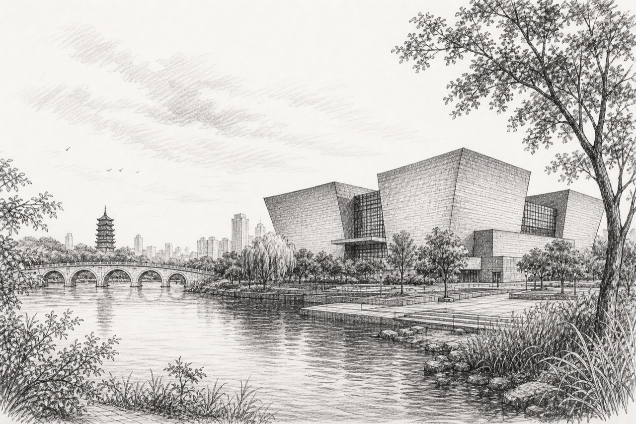 Hand-drawn pencil travel sketch for Ningbo, People's Republic of China