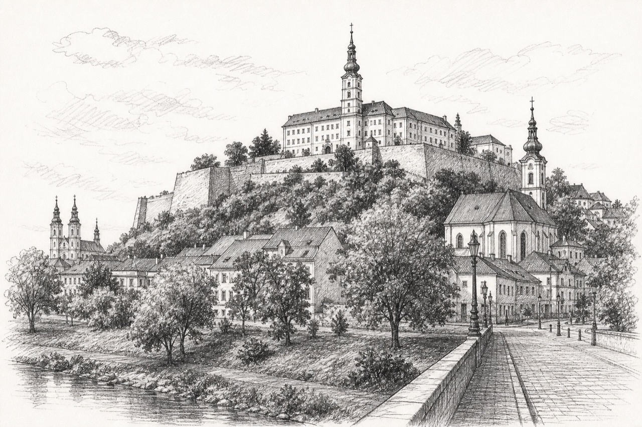 Hand-drawn pencil travel sketch for Nitra, Slovakia