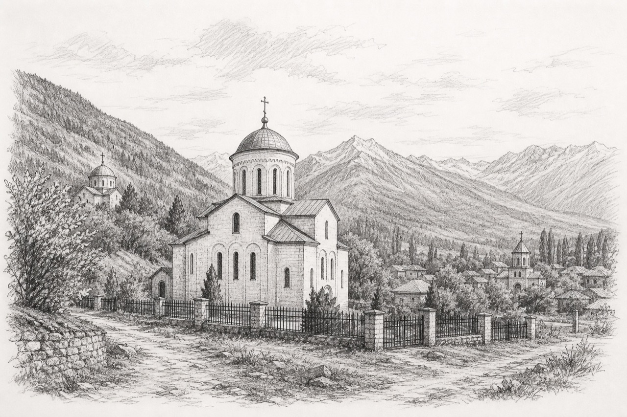 Hand-drawn pencil travel sketch for Nizhny Arkhyz, Russia