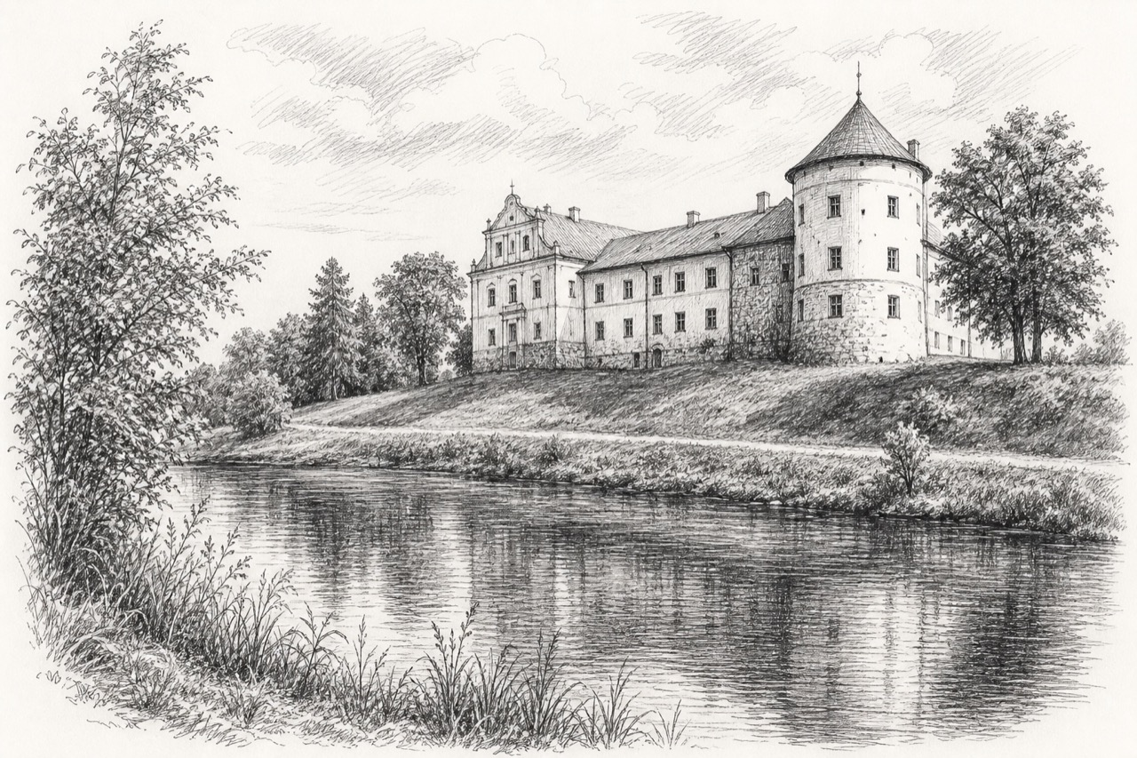 Hand-drawn pencil travel sketch for Norviliškės, Lithuania
