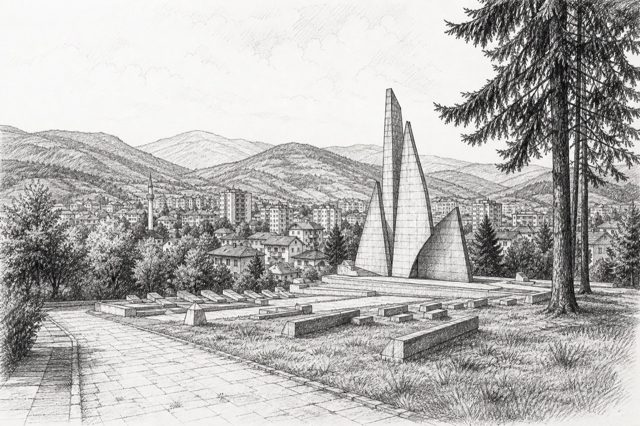 Hand-drawn pencil travel sketch for Novi Travnik, Bosnia and Herzegovina