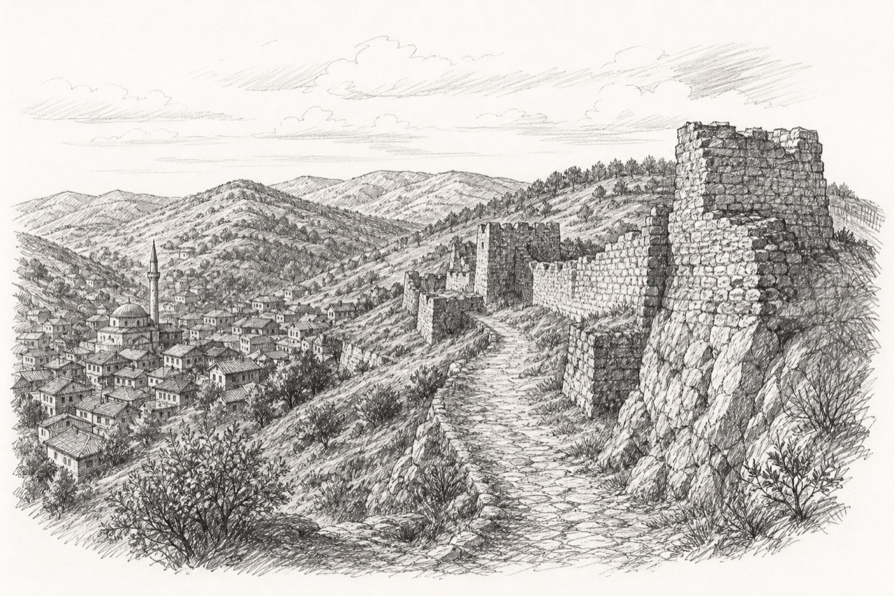 Hand-drawn pencil travel sketch for Novo Brdo, Kosovo