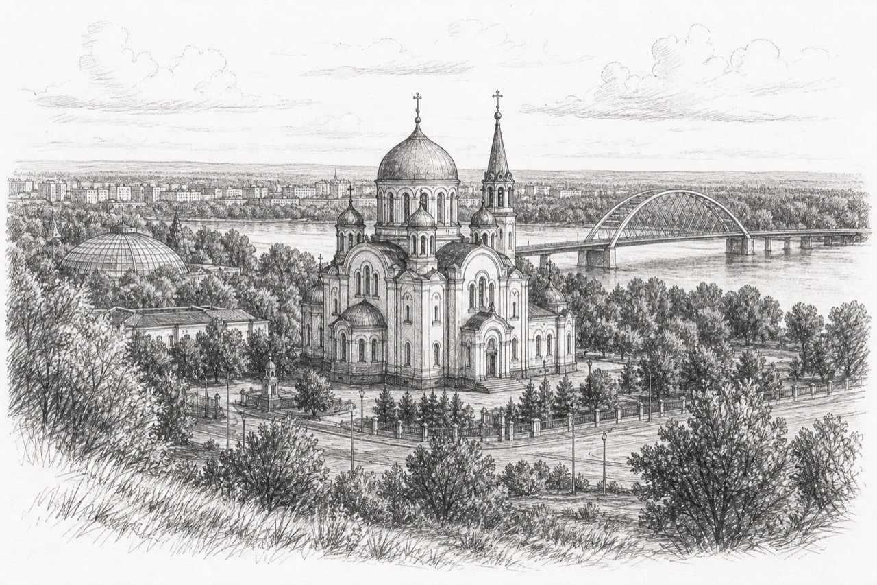 Hand-drawn pencil travel sketch for Novosibirsk, Russia
