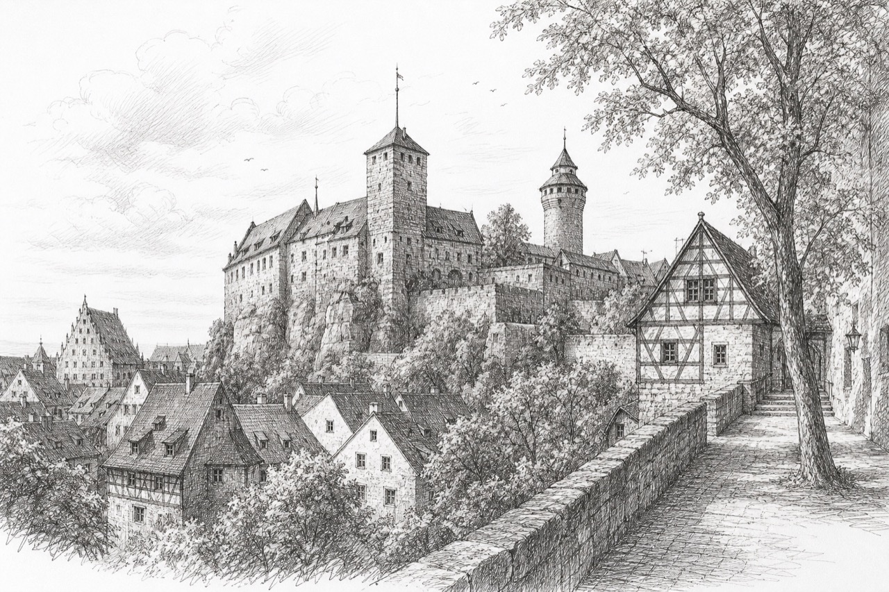 Hand-drawn pencil travel sketch for Nuremberg, Germany