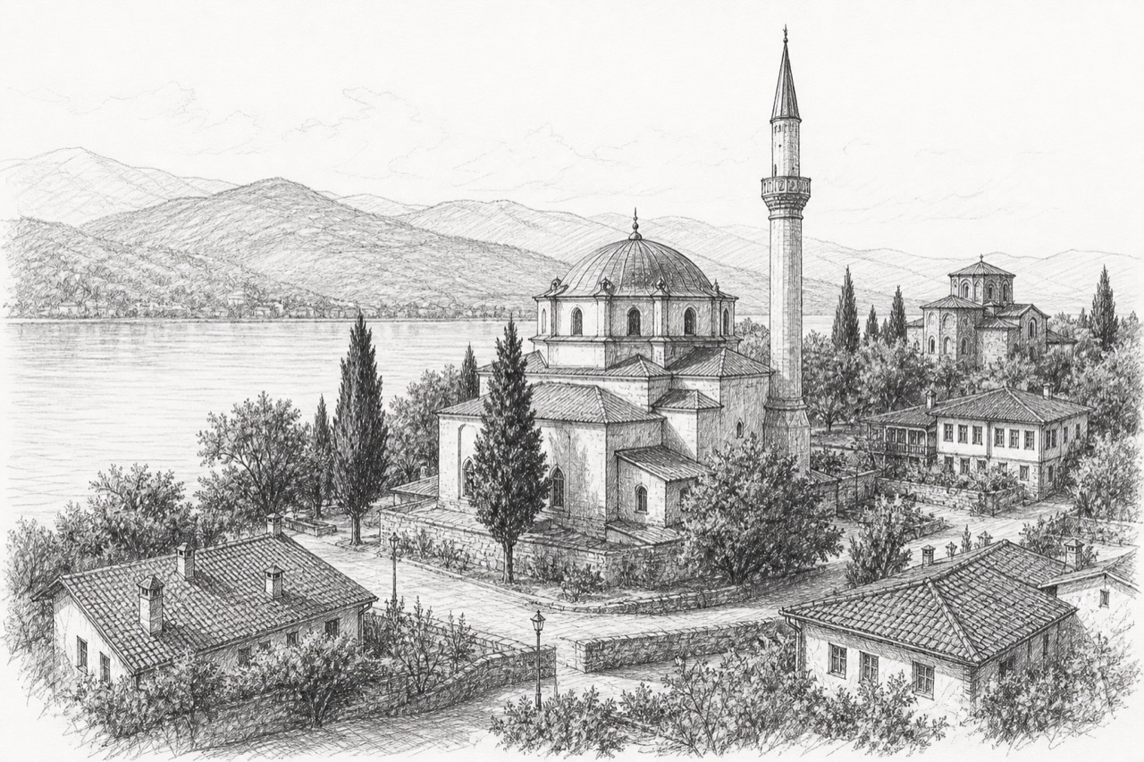 Hand-drawn pencil travel sketch for Ohrid, North Macedonia