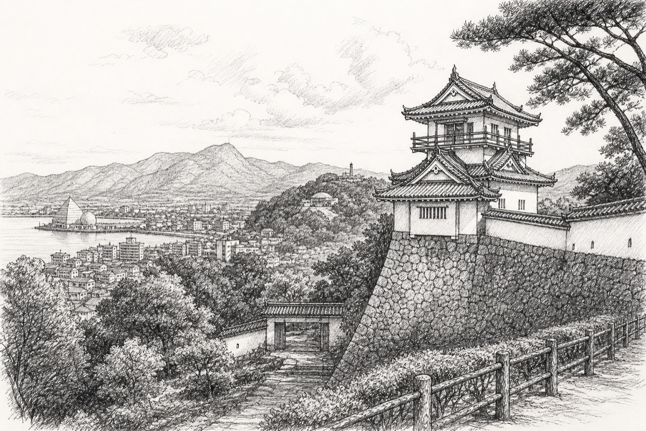 Hand-drawn pencil travel sketch for Ōita-shi, Japan