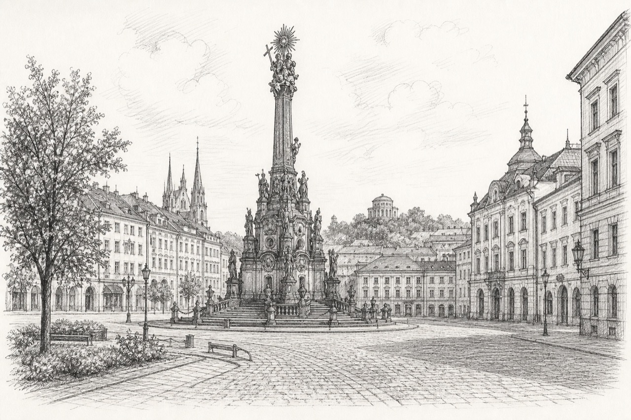Hand-drawn pencil travel sketch for Olomouc, Czech Republic
